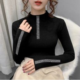 Jerséis Mujer Suéteres Suéter de cuello alto Ropa interior de mujer Otoño/Invierno Jersey delgado con diamantes de imitación Suéter superior