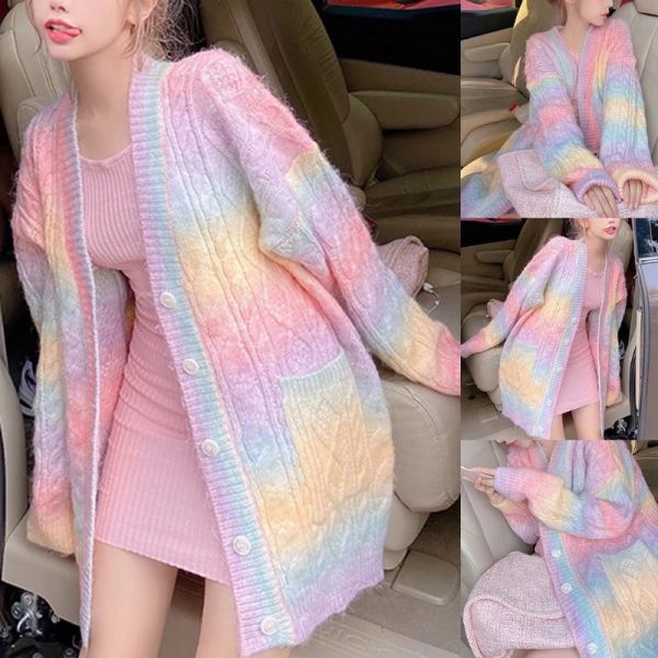 Pillucheurs Femme Rainbow Tripted Cardigan Long Manche Bouton Down Open Pull avant Longueur Louure des genoux Veste en manteau Veste extérieure