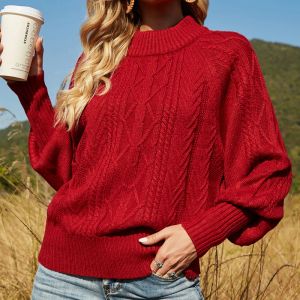 Jerséis Suéter con Mangas De Linterna De Color Sólido para Mujer Suéter con Cuello Medio Alto Jersey Suelto Británico De Moda Jersey Informal Rojo De Punto para Mujer Tops