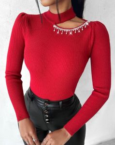 Pulls Pull Femme Printemps Mode Strass Gland Conception Découpe Décontracté Col Asymétrique Manches Longues Skinny Quotidien Pull en Tricot