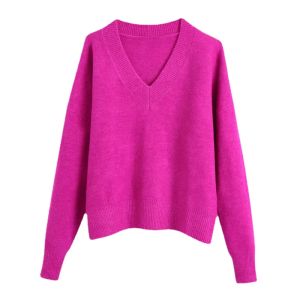 Truien Dames Gewoon V-hals Soft Touch Casual Paars Breien Trui Vrouwelijke Chic Basic Truien met lange mouwen Merk Tops