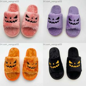 Pumpkin Halloween Lantern 2022 Autumn Soft Furry Comfort Gesloten Toe Slides Women Maat 43 buitenslippers Zapatos Mujer T230712