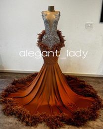 Citrouille scintillante sirène bal réception robes pour les femmes de luxe diamant cristal plume soirée cérémonie robe vestidos de fiesta