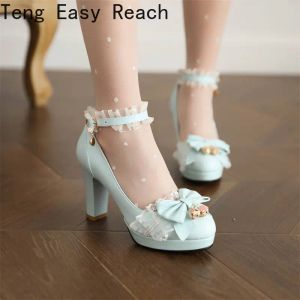 Pombas 2023 Autumn New Ladies Heels Platform Lindo Bow Lace Princess Mary Jane Lolita zapatos Party Girls Sweet Women Bombes