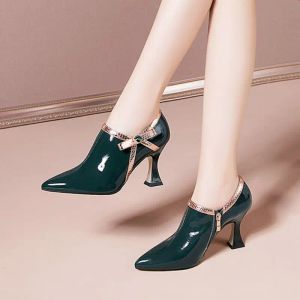 Pumps 2024 NIEUWE Fashion Spring schoenen, damespompen, hoge hakken, lakleer, puntige teen, bowtie, zijzip, vrouwelijke voetware, zwart, groen