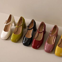 Pompes 6color talons hauts pour femmes chaussures de sangle de la cheville couleurs patent cuir pompes talons carrés chaussures habit