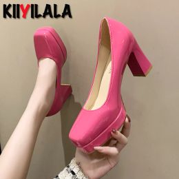 Pompes 8 cm Round Chunky High Heel Platform Baby Rose Orange Pompes Femmes Chaussures Square Toe Fashion Patent Cuir plus taille 46