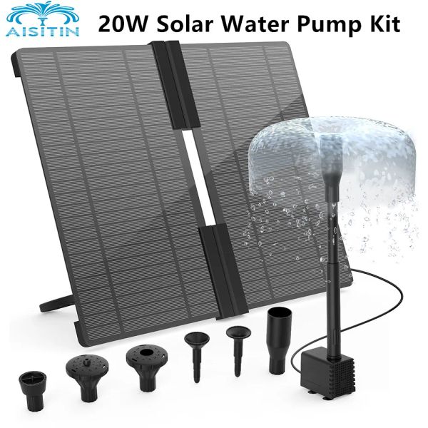 Bombas Aisitina Kit de bomba de agua solar de 20W, bomba de fuente de agua con energía solar con 6 boquillas, agua Característica de la fuente al aire libre para baño de aves