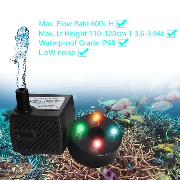 Bombas Bomba de agua con luz LED para acuario, bomba de agua sumergible para pecera, mini fuente para gatos, accesorios para peceras y acuarios, 2W