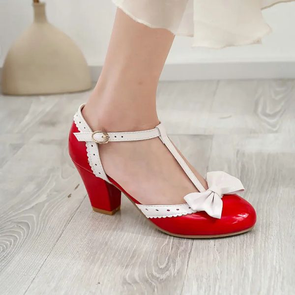 Pombas Gran tamaño 3246 Bowtie Mary Janes 6.5cm Tisos altos Bombes Pombas rojo Patente Oficina casual Dama Redonda Lolita Zapatos