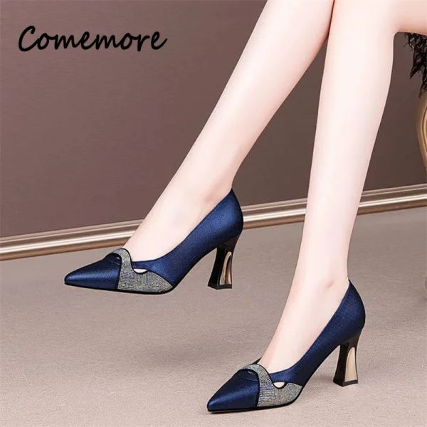 Pombas Comemore Lady Autumn Summer Comfort Pombs Tacones puntiagudos Mujeres Classic azul marino Cristal azul alto zapatos de tacón Mulhheres de Salto Alto