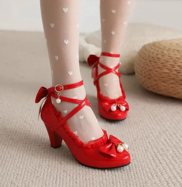 Pompes Cross Strap Mary Jane Pumps Spring Women High Heels Party Wedding Cosplay White Red Black String Bel Bow Princess Lolita Chaussures