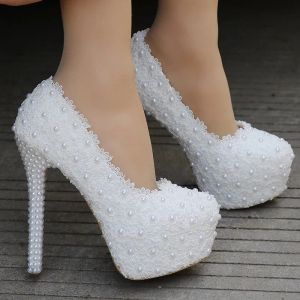 Pompes Fashion Femmes pompes chaussures en dentelle en dentelle rond Toe 14 cmthin talons blancs délicat doux mariage talon haut talon