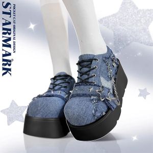 Pompes Style gothique Chunky Platform Cales denim Blue Femmes Mary Janes Chaussures Y2k Sweet Cute Fashion Women Shoes Pumps Pumps Locs Comfy