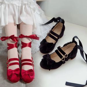 Pumps Lolita schoenen vrouw Med Heel Flock Pu Leather Leer Bow Mary Jane Pumps Bruid Wedding Cosplay Place Red Pink Black Size 3343