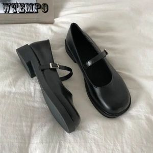 Pumps Mary Janes Round Toe Sweet Cute Dames Black Leather Shoes Strap Square Heel Simple Casual Preppy Style Koreaanse mode