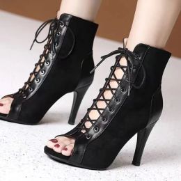 Pompes New Black Laceup Sandals Talales 9cm Chaussures à talons hauts pour femmes Tendance sexy Boots Peep Toots Tissu de mode Stilettos Jazz Dance Femme