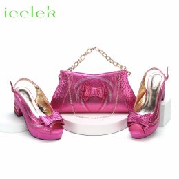 Pompes nouvelles à la mode fuchsia couleur peep toe dames chaussures de chaussures assorties ensemble pour la fête de mariage nigériane