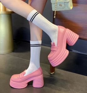 Pumps Nieuwe roze enkele schoen voor een enkele schoen dikke hakken Leer zacht leer