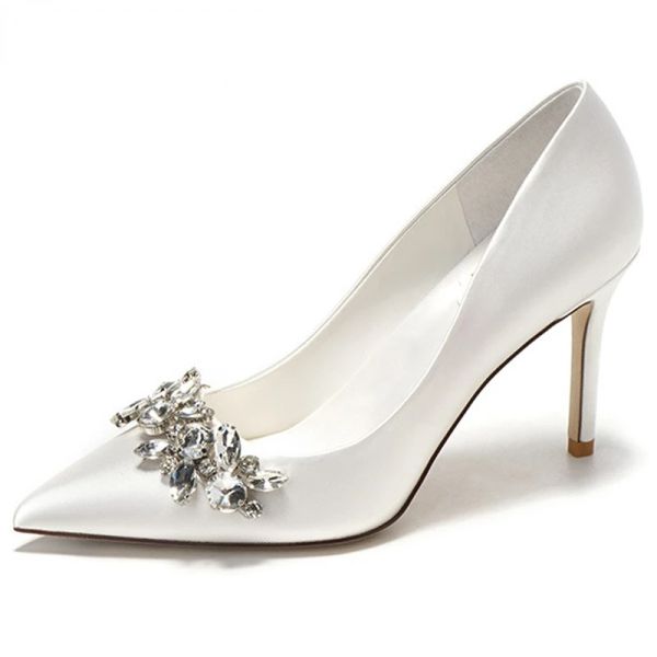 Pompes Nouveaux champagnes blanches femmes chaussures de mariage de mariée fausse soie en satin strass Crystal Pumps peu profonds talons hauts