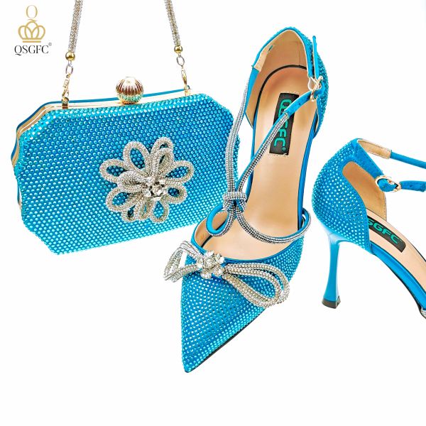 Pompes QSGFC Élégant Design Party Femmes Chaussures et sacs Set Diamond Butterfly Design in Sky Blue Couleur