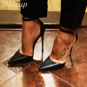 Pombas Tikicup Black Matte Mujeres Correa de tobillo Poin Toe High Heel Zapatos Summer Elegantes Damas D'Orsay Stiletto Bombas Color personalizado