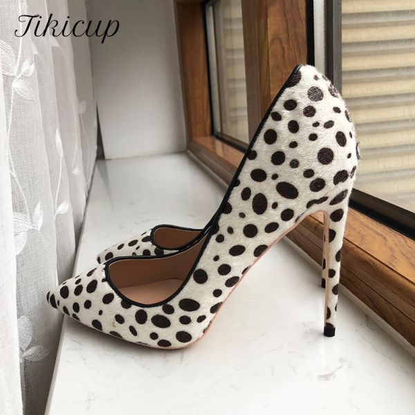 Pombas Tikicup Polka Dot Impresión Flock Flock Pointy Toe Tacón alto Tacón de tacón Sexy Spotte Patten Stiletto Bombas blancas gran tamaño 43 44 45