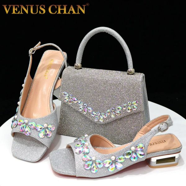 Pompes Vénus Chan 2023 Chaussures de fête élégantes pour femmes mariage talons bas de la mode résine à la fleur en argent Couleur et sacs assortis
