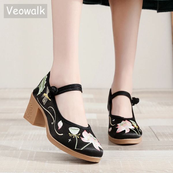 Pompes Veowalk Femmes de style chinois 6 cm High Block Satin Coton Tissu Chaussures confortables femmes occasionnelles Costumed Costume Pumps