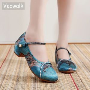 Pompes Veowalk Pearls perles de perles peinture imprimées satin mary jane blocs talons chaussures chinoises dames confortable cheongsam pompes