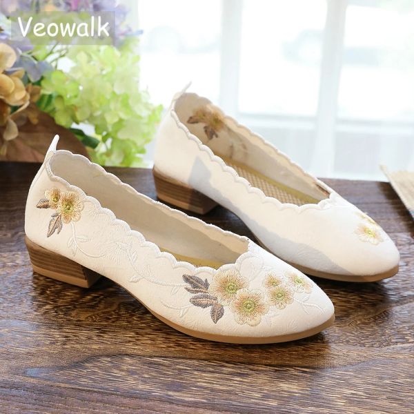 Pombas Veowalk Women Fabrican Jacquard Fabric de 4 cm zapatos de tacón mediano Damas bordadas de punta puntiaguda