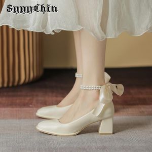 Pompes Femmes 684 Robe Mary Jane Bow-Knot Chunky Heel Pearl Ladies Sandals Stracts de cheville féminines