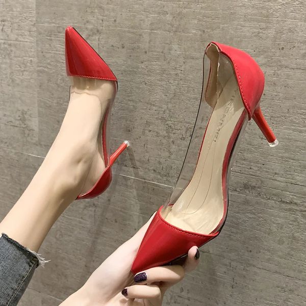 Pompes Femmes Style classique Toe Poe PVC Cuir brevent mince Pompes Patchwork Transparent Nude Red 8.5cm High Heels Club Chaussures