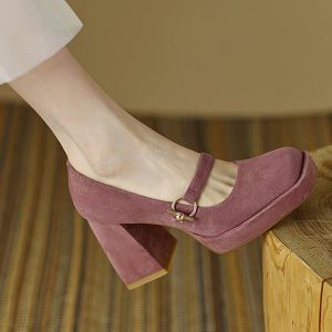 Pompen dames retro suède pompen schoenen sexy dikke hoge hakken platform zwart paarse jurk feestje trouwschoenen vrouw pumps pumps talon femme