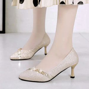 BOMPS Mujeres Seet Black Comfort Slip On Office Stiletto Heels para el club nocturno Lady Wedding Casual Golden High Heel Zapatos para la fiesta E7028