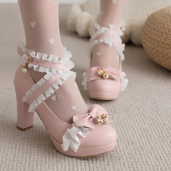 Pompes Femmes Sweet Bow Super High Heels Chaussures plate-forme Bottom Work Cross Strap Pumps avec Bell Girls Dress Footwear Big Taille 46