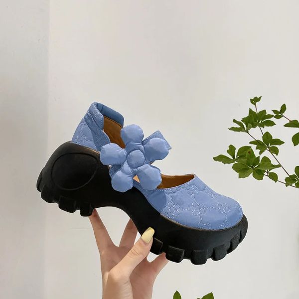 Pombas Pombas de plataforma para mujer Sandalias de tacón de flores 3d zapatos Mary Jane Girls dulces Colores sólidos Nuevos tacones de mujeres casuales zapatos