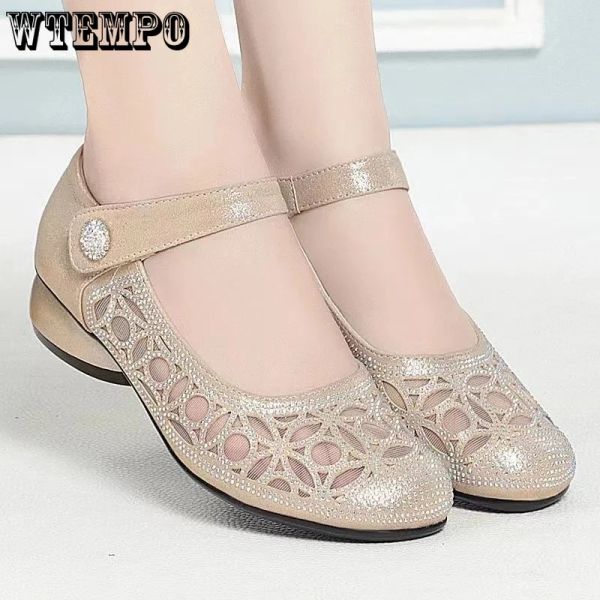 Pombs wtempo hueco out transpirable zapatos individuales de cuero para mujeres nuevos zapatos blandos de diamantes de mino