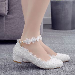 Bombas Xihaha Moda Femenina de la boda Femenina Banquete Banquete Blanco Pearl Pearl Redonde Toe Tisos altos Bombas de novia para mujeres