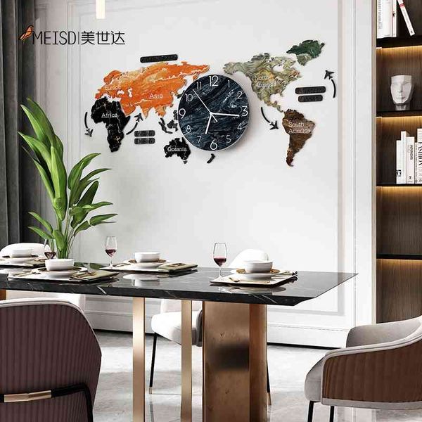 Punch-Free DIY Color Paiting Mapa del mundo Reloj de pared grande Pegatinas acrílicas Reloj silencioso creativo Hogar Sala de estar Cocina Decoración 210401
