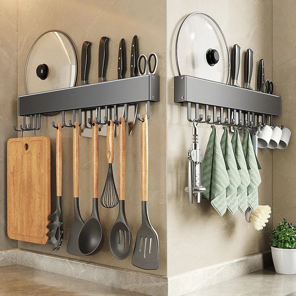 Punch Free Kitchen Crowd Murn Berners pour couteau cuillère Pot-couvercle Couvercle Contrôle de cuisson Ustensile Rack avec crochets coulissants Black suspendu 231227