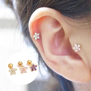 Boucles d'oreilles perforantes Version coréenne petite fleur oreillette clou en acier inoxydable double face vis arrière boule boucles d'oreilles anneau d'oreille 14K véritable or Piercing bijoux