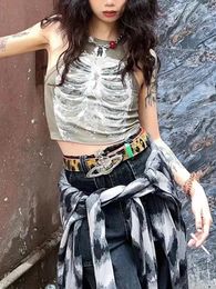 Punk esthétique Cyber Vintage X-Ray Skull Imprimé Cibbed Sans Shevest Vest Army Green Crop Top Designer Womens 2024 Summer Y2K Tissu 240510