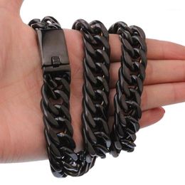 Kettingen punk zwart 15 / 17mm zware heren sieraden 316L roestvrij stalen ketting of armband dubbele curb Cubaanse geschenk 7-40 "1