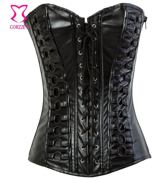 Punk Black Faux Leather Corset Overbust Lace Over Front Gothic Steampunk CORSELET CORSETSETS TRAINER CORSEMENTS TRAVEMENTS avec anneau en métal3762374