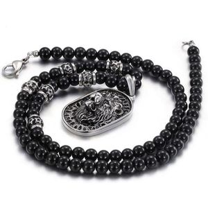 Punk Black Glass Bead Link Chain Lion Pendant Necklace Men Women Black Rhinestones Gold Silver 316L roestvrijstalen dierentrui250s