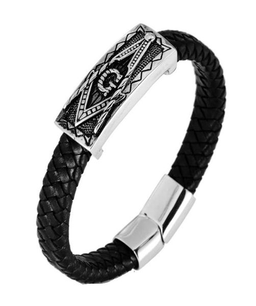 Punk Black Real Leather Mason Mason Mason Symbols Link Chain Bracelet Men039s 316L Acero inoxidable Masónico B6677927