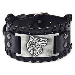 Punk Black Brede Armband voor Mannen Nordic Viking Designer Gothic Wolf Head Mannen Lederen Verstelbare Polsband Sieraden