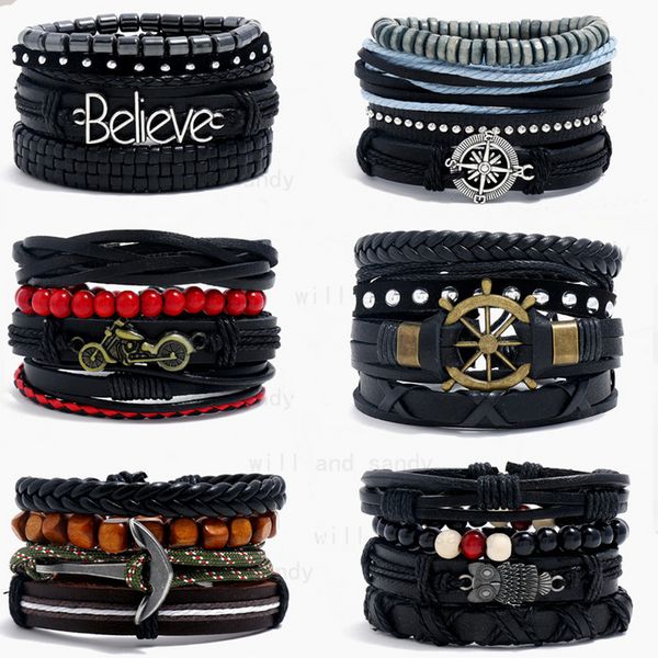 Conjunto de pulseras punk Believe Tree of Life Feather Owl Cross Charm para hombres Moda ajustable Wrap Pulsera de cuero multicapa Joyería de moda