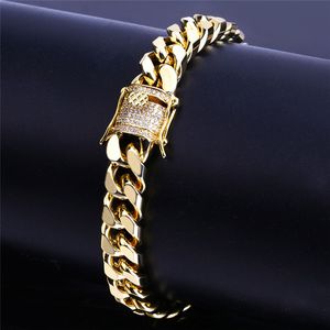 Punk Charm Mens Bracelet Designer Cuban Link Chain Luxury 18K Gouden armbanden man 10 mm Copper Wit AAA Zirconia Zilver Diamantketens Bangle Hip Hop Sieraden 7-8inch